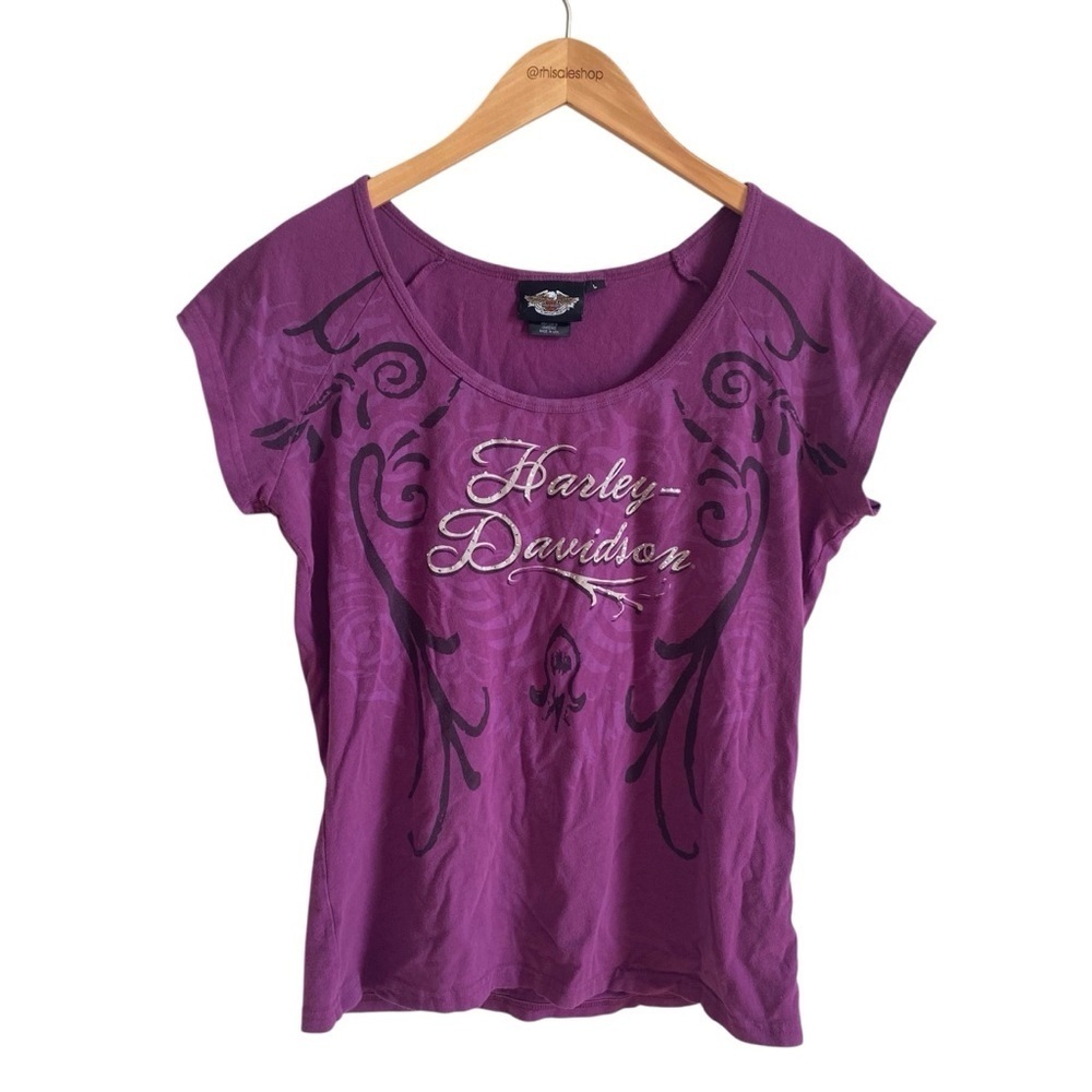 Harley-Davidson Purple Short Sleeve Graphic Rhinestone Tee Shirt Size Large
